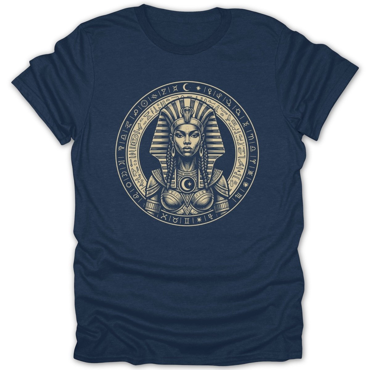 Nefertiti portrait within circular hieroglyphic border on a navy t-shirt.