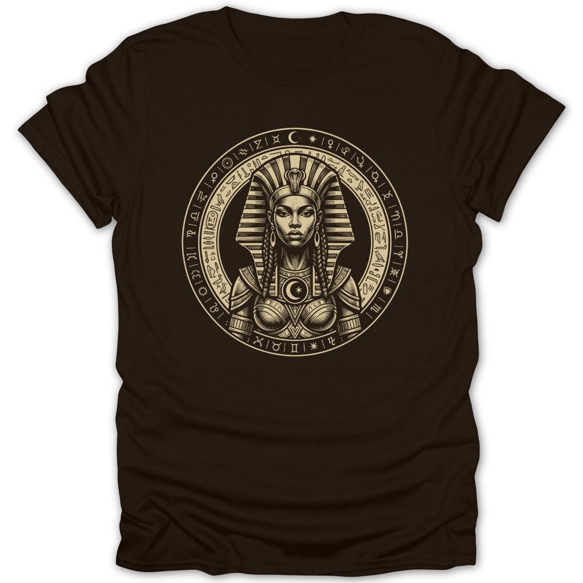 Egyptian queen illustration with hieroglyphs in a circular border on a dark t-shirt.
