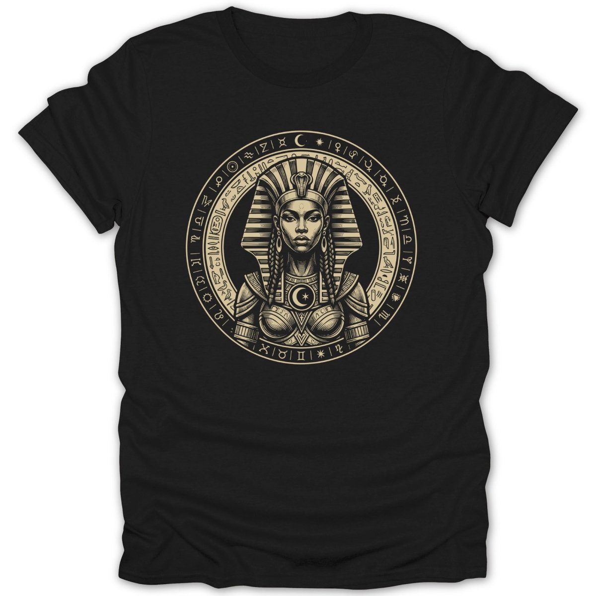Black t-shirt with Egyptian queen graphic and hieroglyphic border.