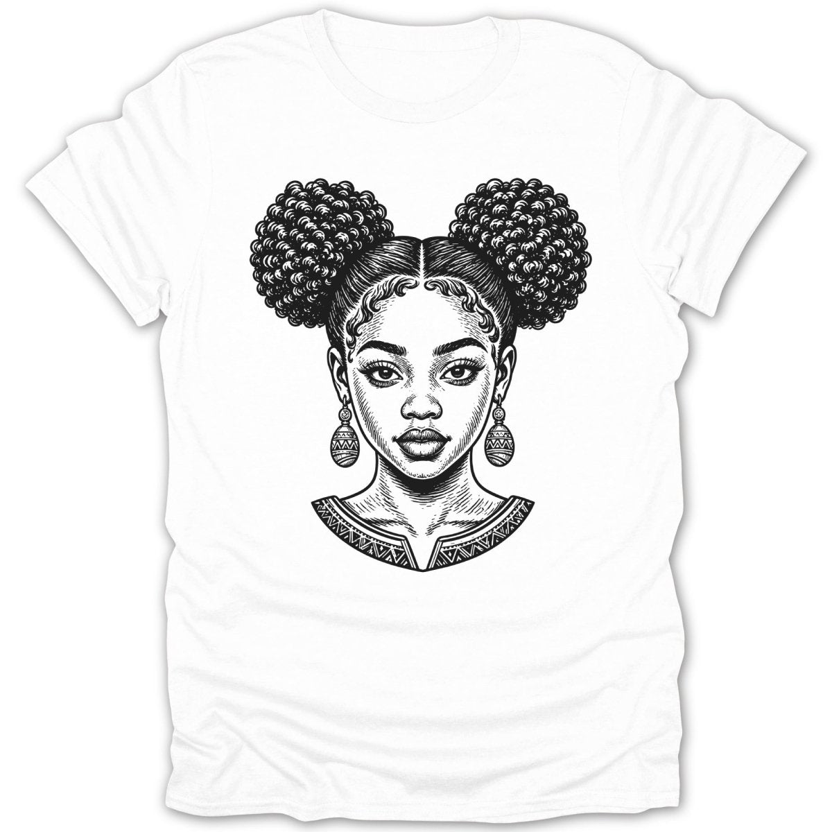 Black and white sketch of a woman with afro puffs and patterned earrings on a white t-shirt.