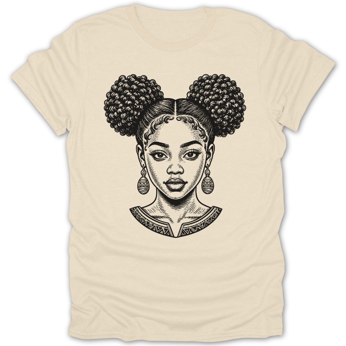 Black and white line art portrait of a woman with puffed hair and large earrings.