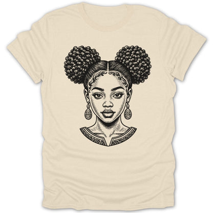 Black and white line art portrait of a woman with puffed hair and large earrings.