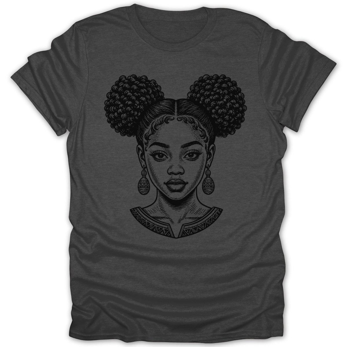 Charcoal t-shirt with a black line drawing of a woman with afro puff buns and patterned collar.