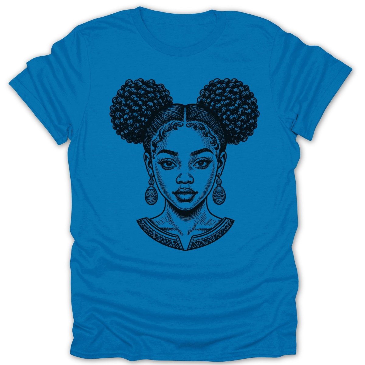 Black line art portrait of a woman with her hair styled in two buns over a blue t-shirt.