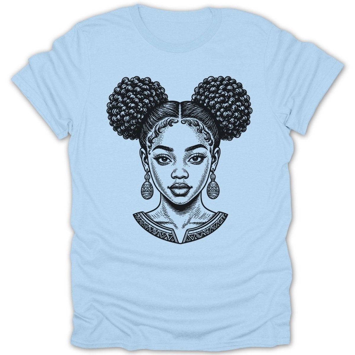 Line drawing of a woman with afro puffs and patterned earrings on a light blue t-shirt.