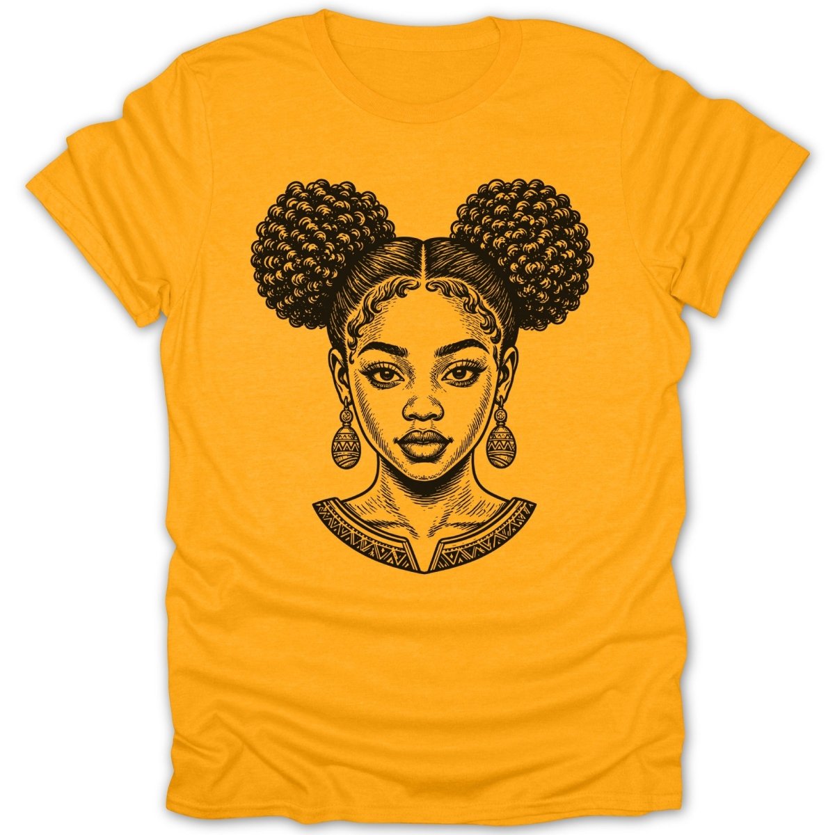 Black line art of a woman with two large afro-puffs on a yellow t-shirt.