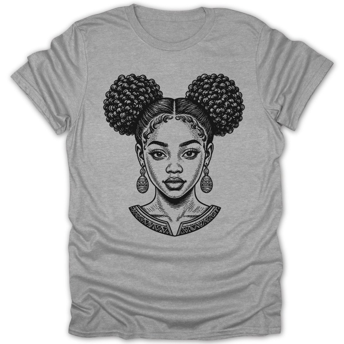 Black and white line drawing on grey t-shirt of woman with two buns and patterned collar.