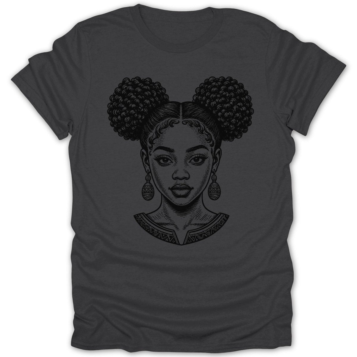 Line art of a woman's face with space buns and patterned collar on a dark gray t-shirt.