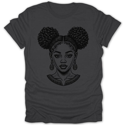 Line art of a woman's face with space buns and patterned collar on a dark gray t-shirt.