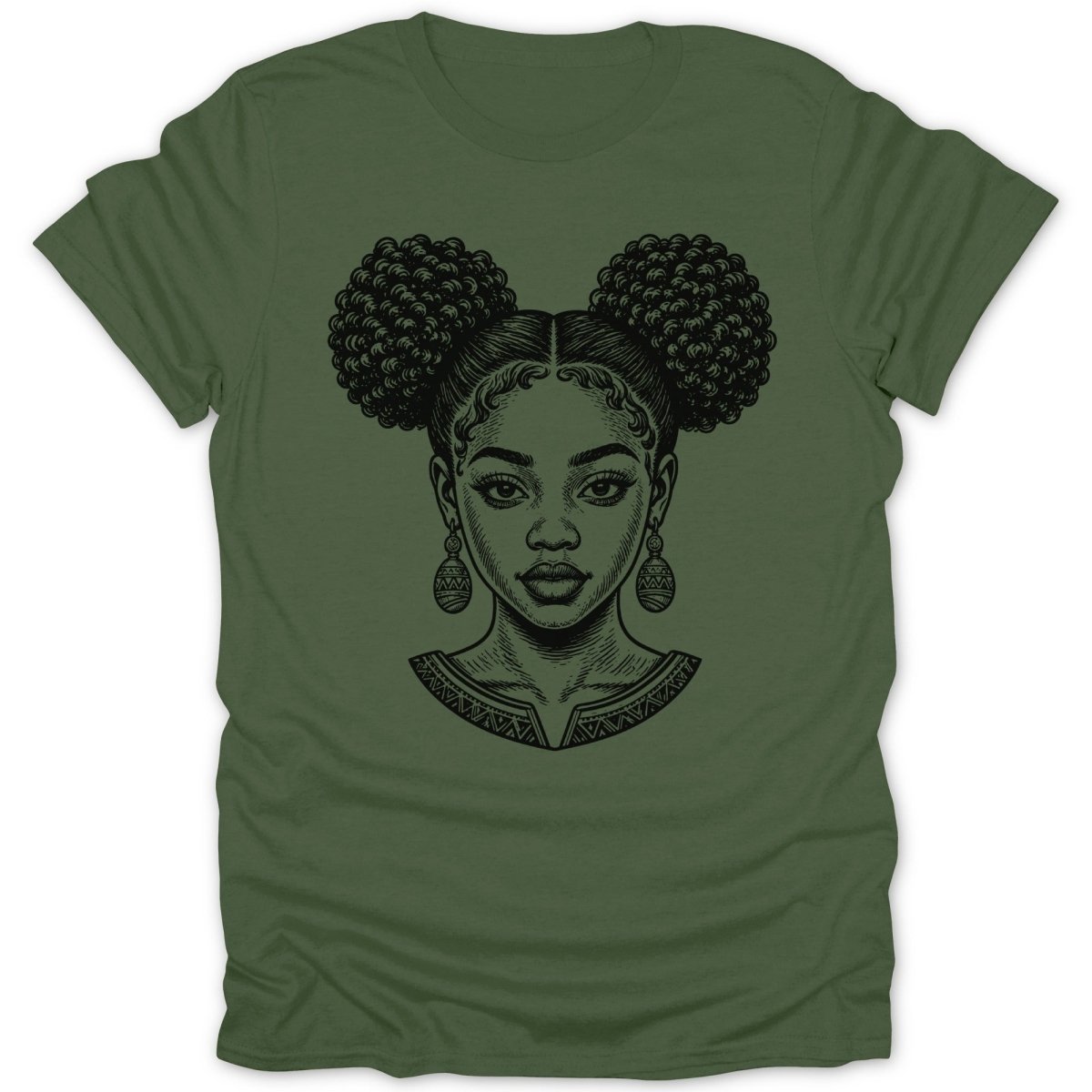 Black ink sketch of a young Black woman with styled hair and patterned earrings on a green t-shirt.