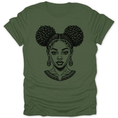 Black ink sketch of a young Black woman with styled hair and patterned earrings on a green t-shirt.