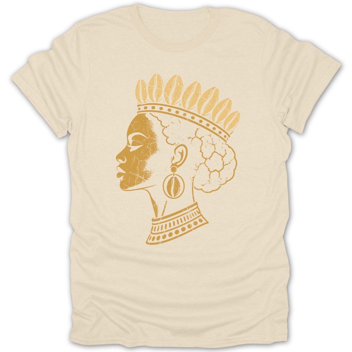 Cream t-shirt with a distressed golden profile of a woman wearing a crown and earrings.