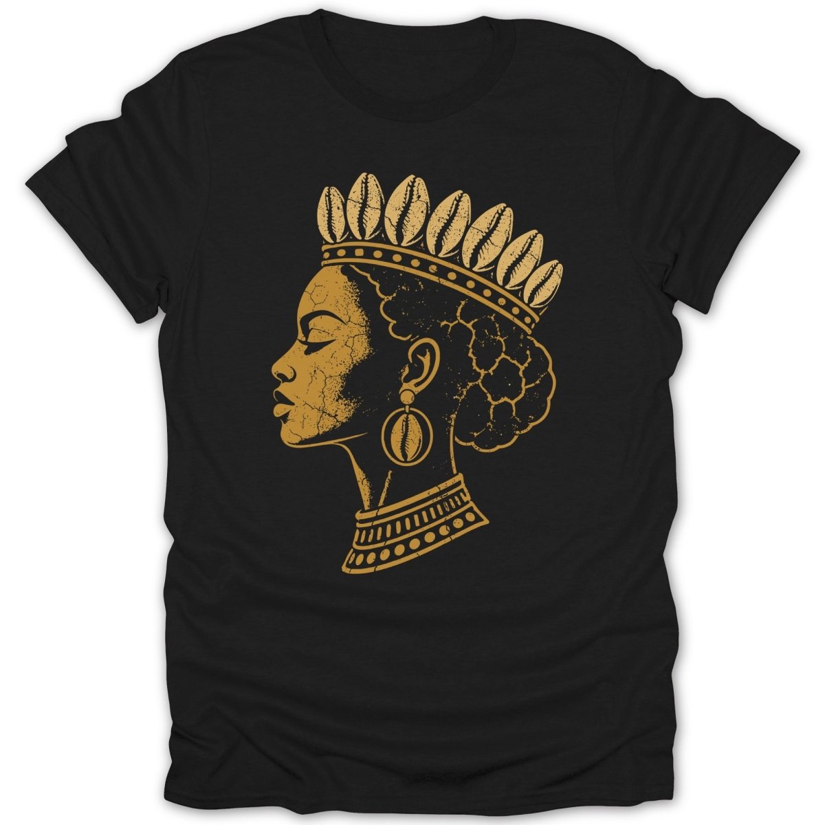 Golden profile of a black woman wearing a crown of shells and shell jewelry.