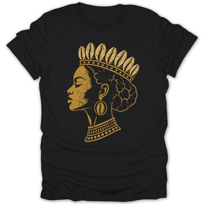 Golden profile of a black woman wearing a crown of shells and shell jewelry.