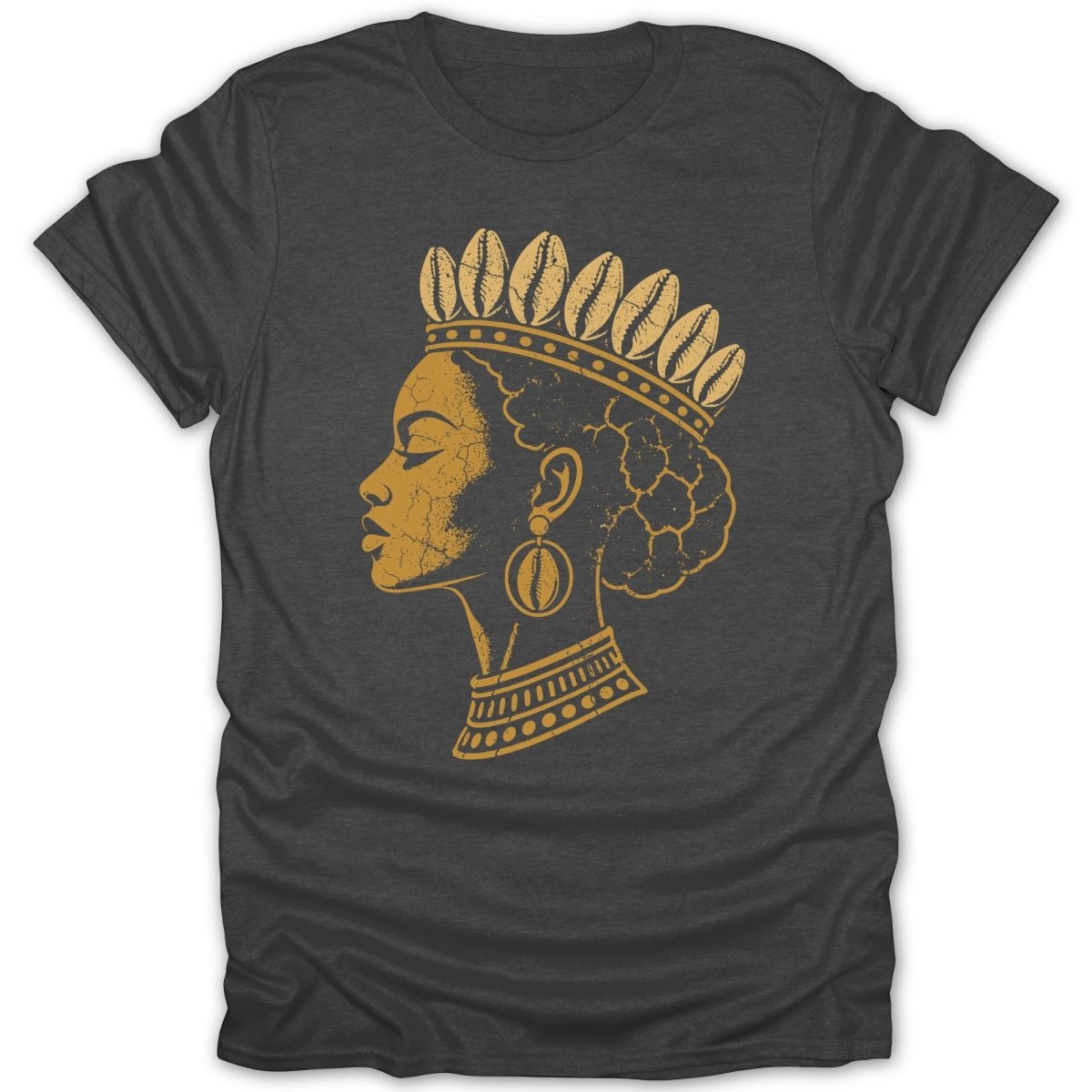 Gold graphic of a woman in profile wearing a crown and shell jewelry on a dark grey t-shirt.
