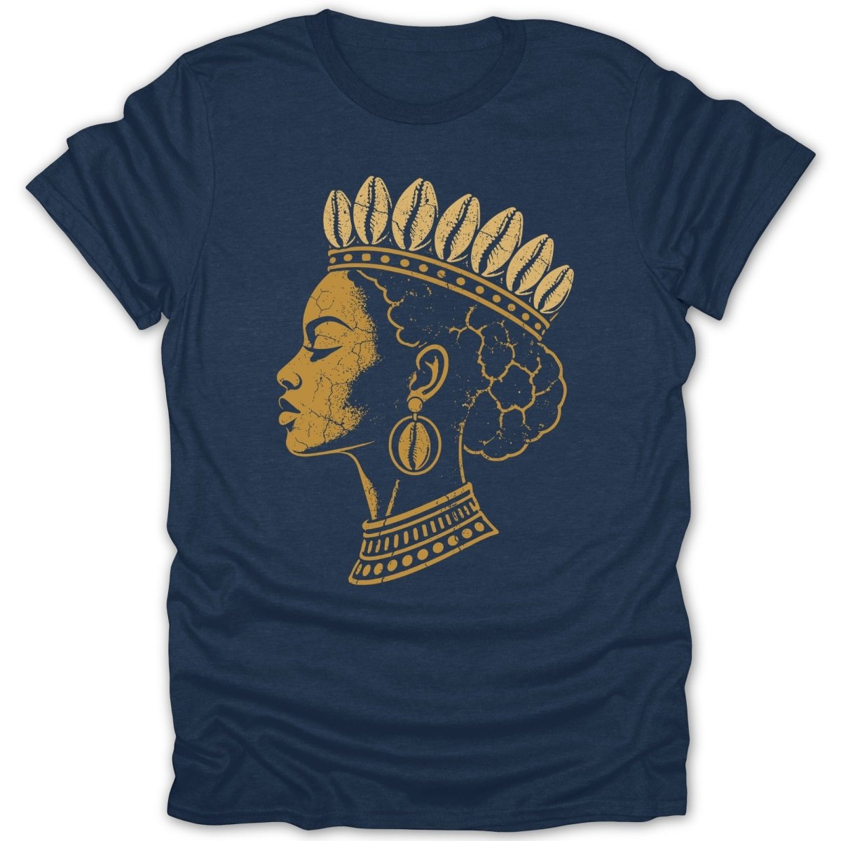 Gold profile of woman wearing crown, earrings, and necklace on navy t-shirt.