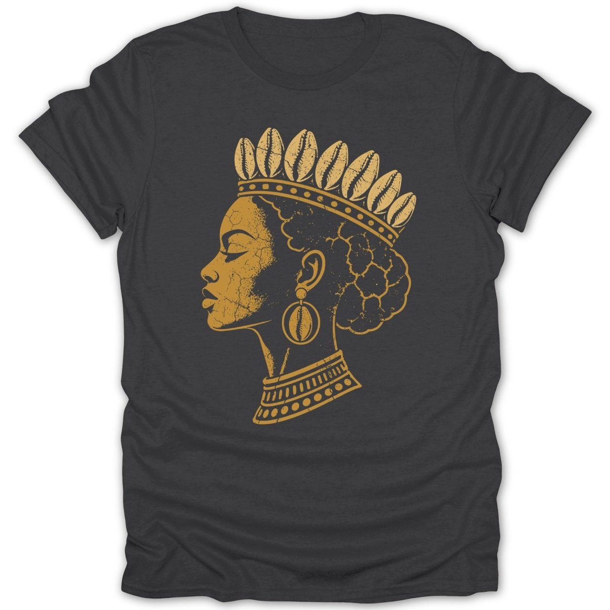 Gold profile portrait of a queen wearing a crown made of shells.