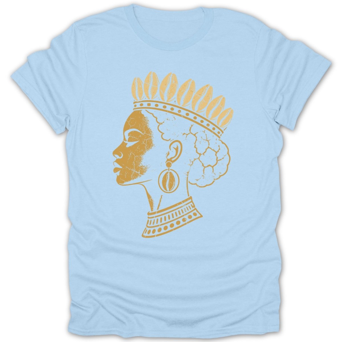 Gold profile of a Black woman wearing a crown and large earrings on a blue t-shirt.