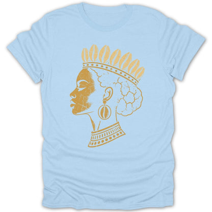 Gold profile of a Black woman wearing a crown and large earrings on a blue t-shirt.