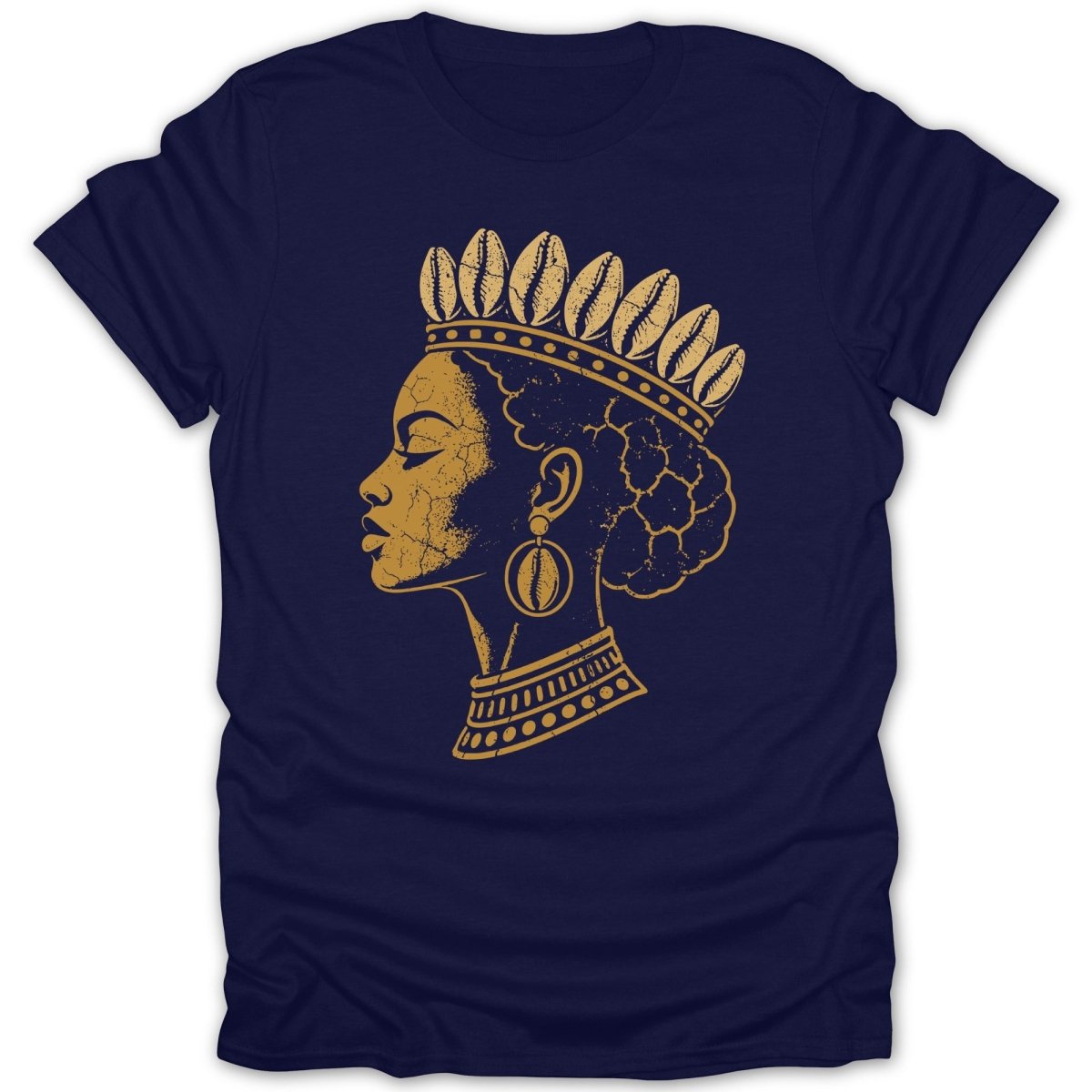 T-shirt with gold distressed profile of woman with crown and shell earrings.