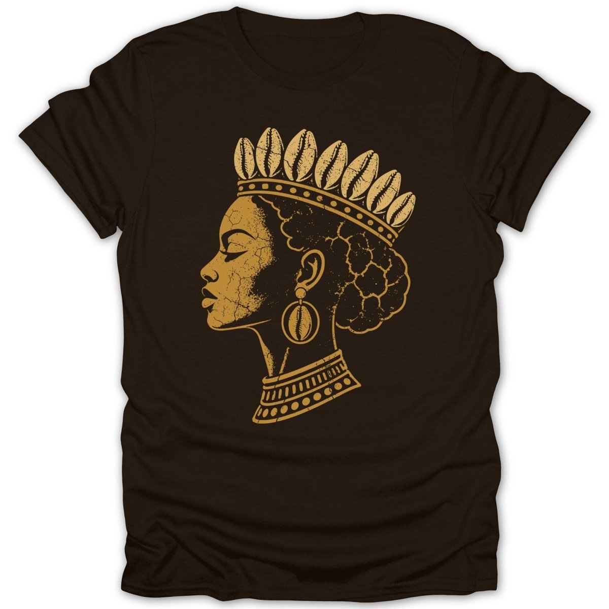 Gold distressed illustration of Black queen in crown and earrings on brown t-shirt.