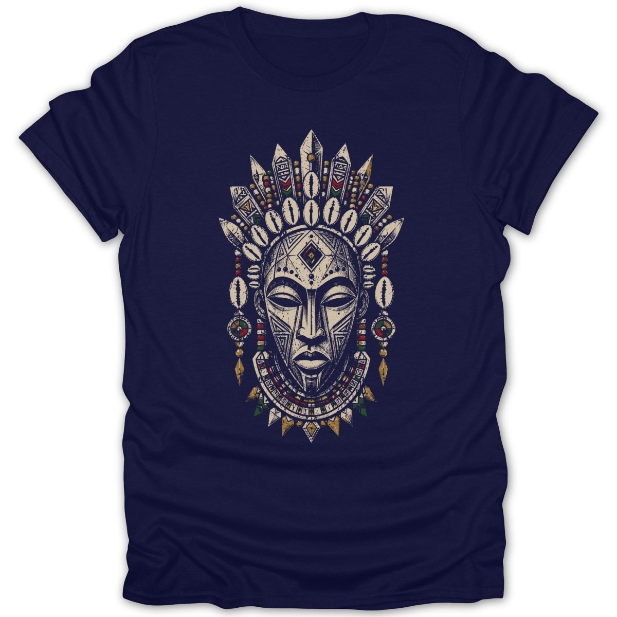 Dark blue t-shirt with a stylized tribal mask and headdress graphic.