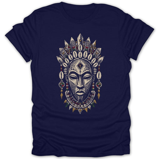Dark blue t-shirt with a stylized tribal mask and headdress graphic.