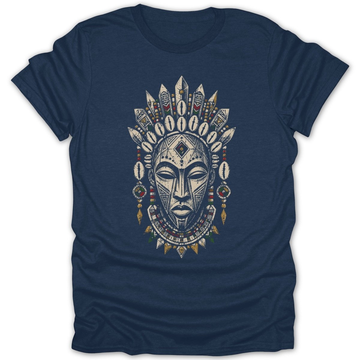 Dark blue t-shirt with a stylized African mask and headdress design.