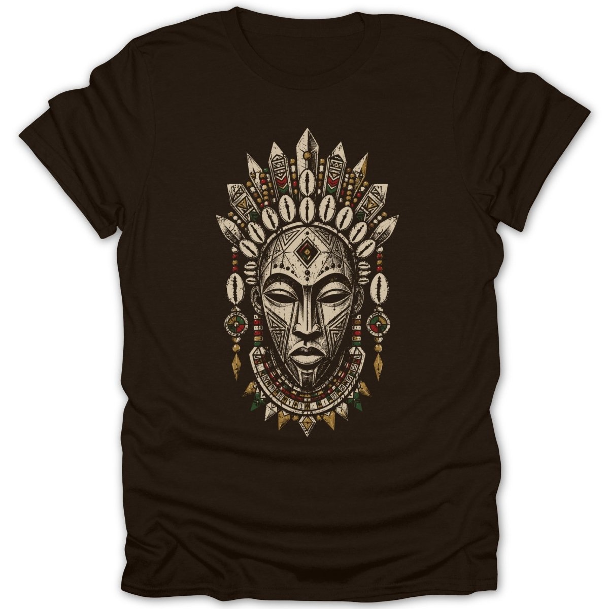 T-shirt with a stylized tribal mask design featuring beads and shells.