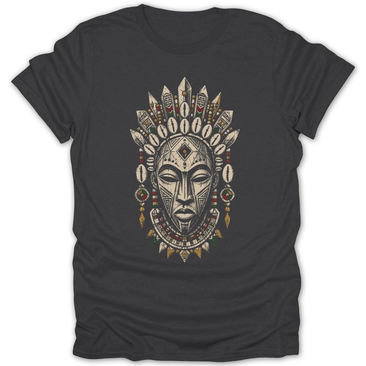 T-shirt featuring a tribal mask with feathered headdress and geometric patterns.