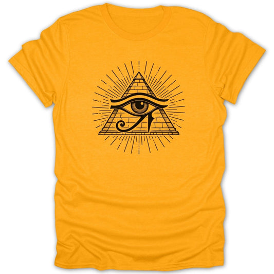 Yellow t-shirt with a black Eye of Horus and pyramid graphic.