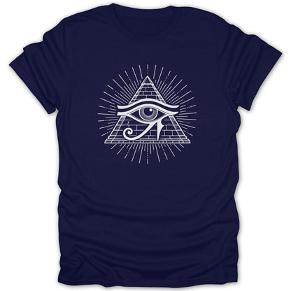 Navy t-shirt with a white Eye of Horus pyramid graphic and sun rays.