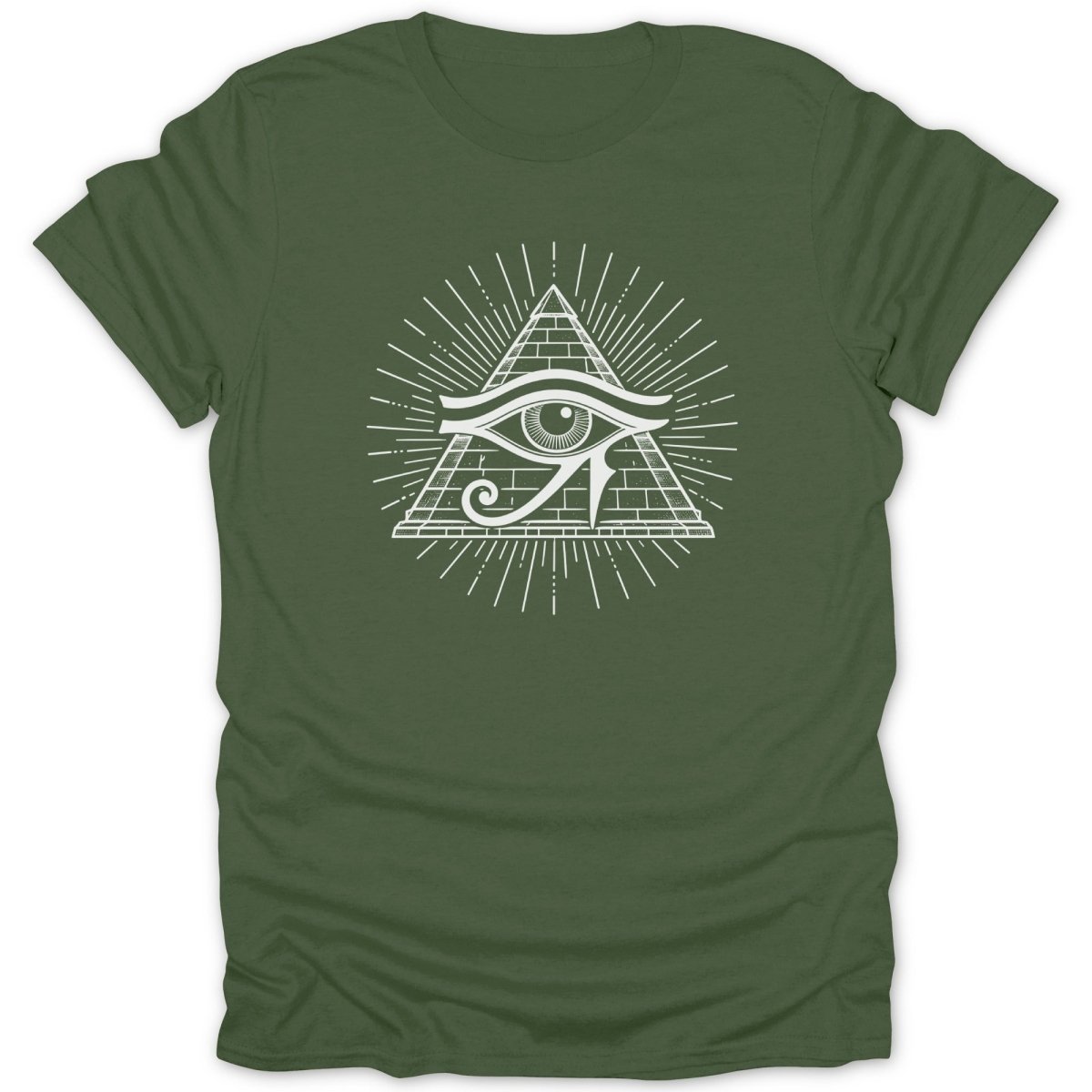 Green t-shirt with white Eye of Horus pyramid design.