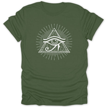 Green t-shirt with white Eye of Horus pyramid design.