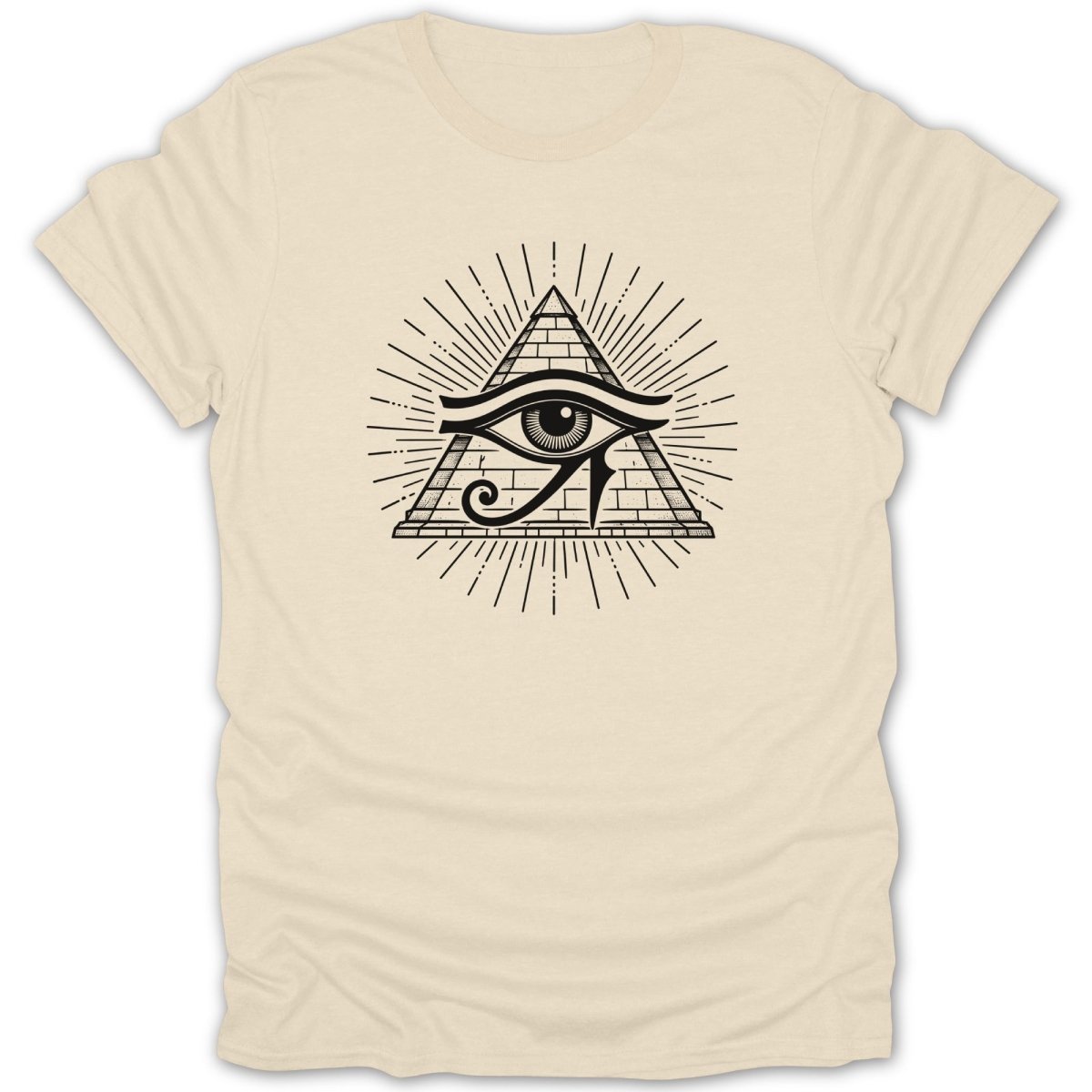 Cream t-shirt with black Eye of Horus within a pyramid graphic.