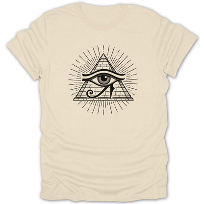 Cream t-shirt with black Eye of Horus within a pyramid graphic.