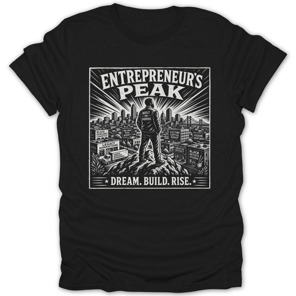 Black t-shirt with "Entrepreneur's Peak" text, city skyline, and motivational phrases.