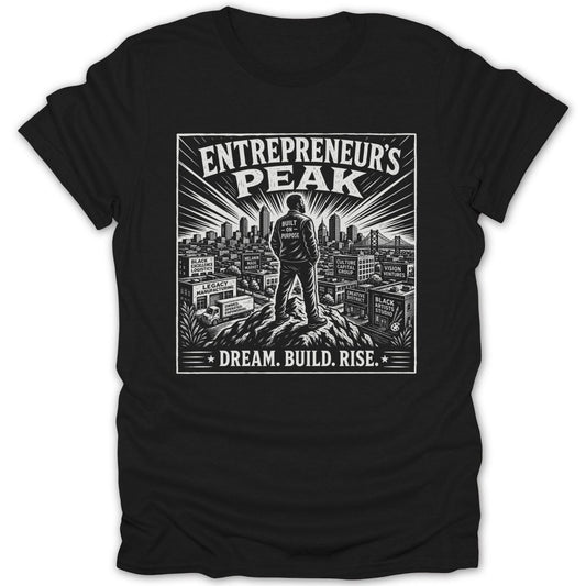 Black t-shirt with "Entrepreneur's Peak" text, city skyline, and motivational phrases.