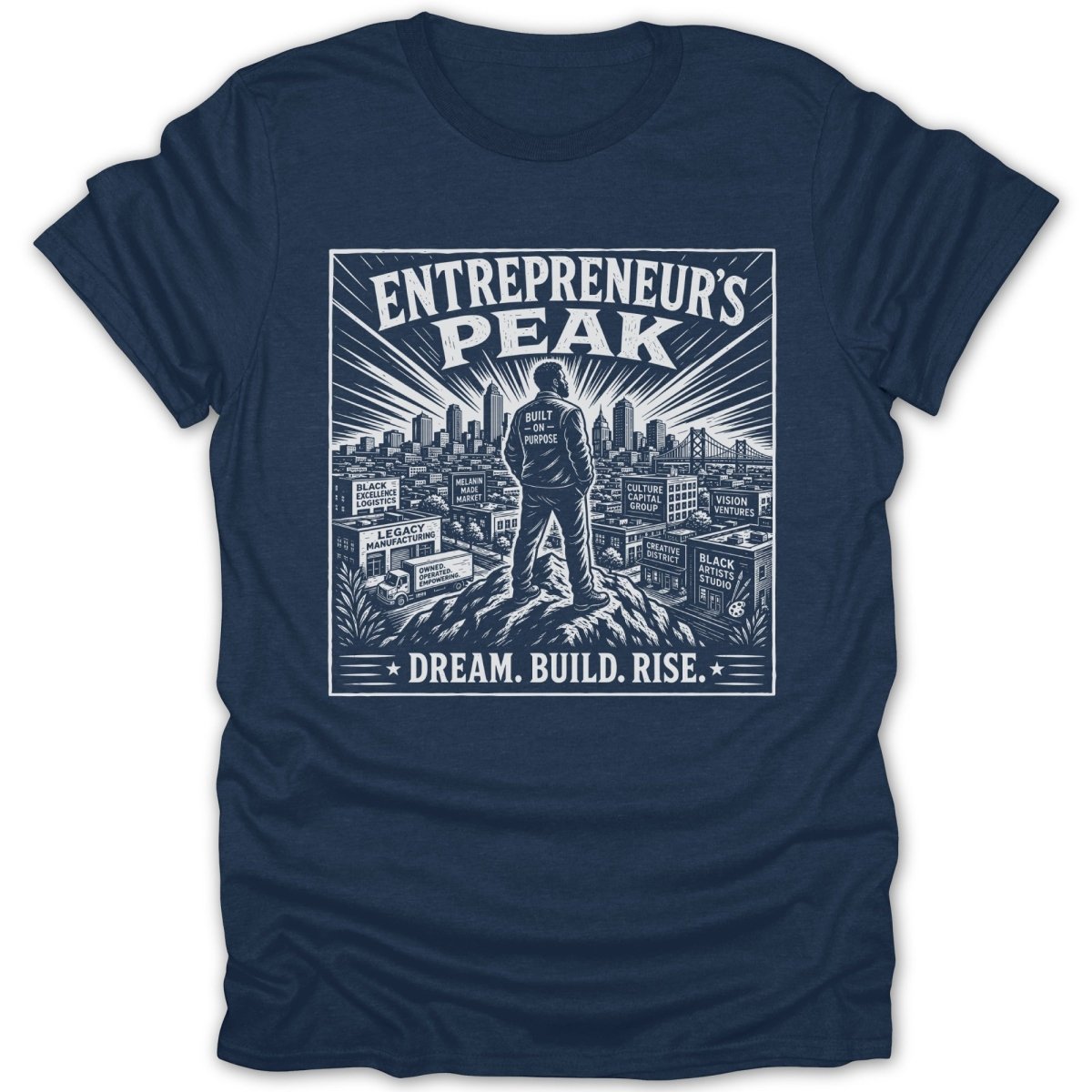T-shirt graphic with "Entrepreneur's Peak" text and city skyline illustration.