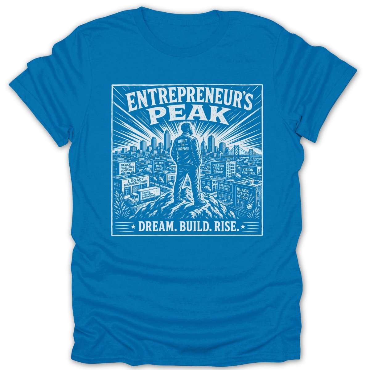 Blue t-shirt with graphic "Entrepreneur's Peak" and city skyline including business names.