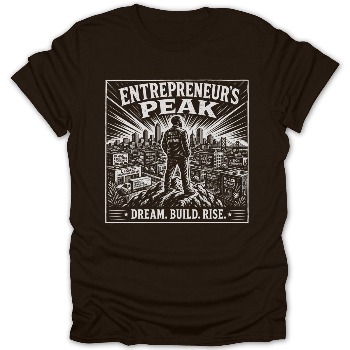 T-shirt with "Entrepreneur's Peak" artwork featuring a man overlooking a city skyline.