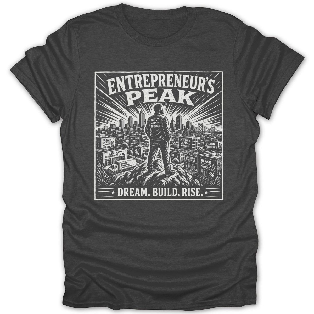 Entrepreneur's Peak graphic with a man overlooking a city and the text "Dream. Build. Rise."