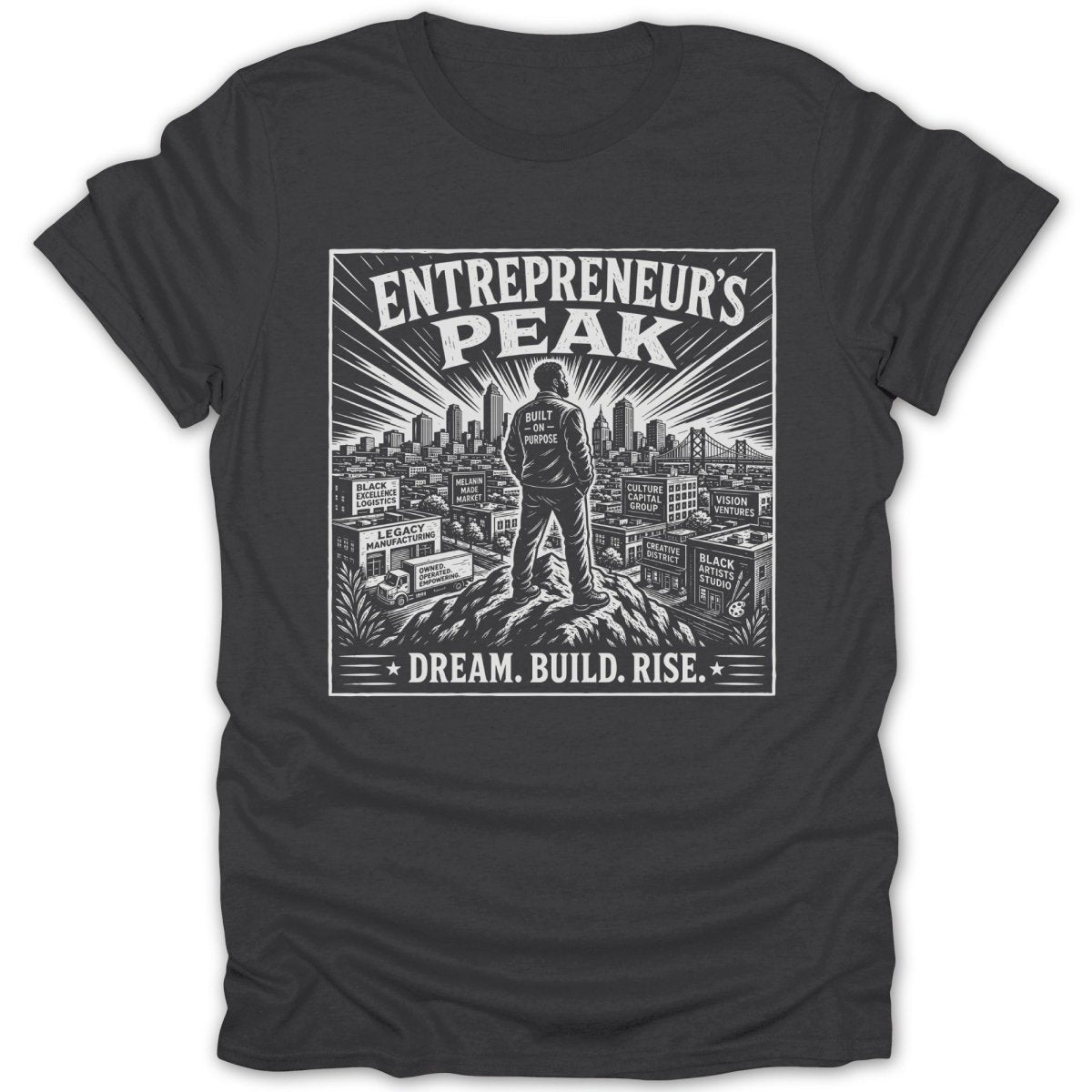 Entrepreneur's Peak graphic with a man standing on a hill overlooking a city. Dream. Build. Rise.