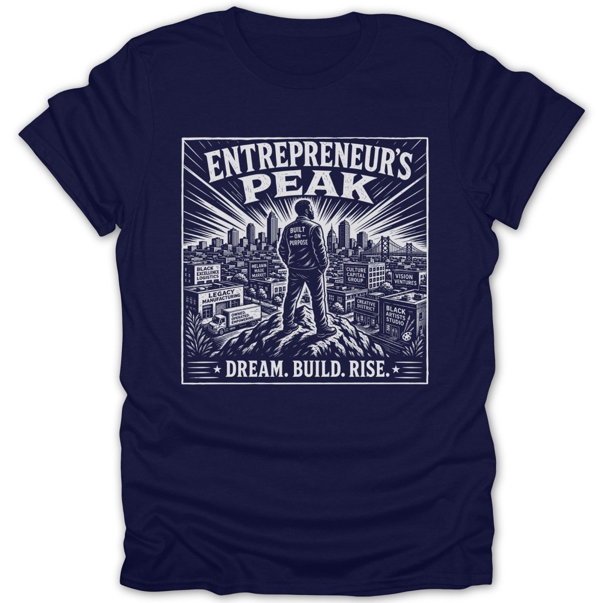 Entrepreneur's Peak graphic with man on hill overlooking city, "Dream. Build. Rise." text.