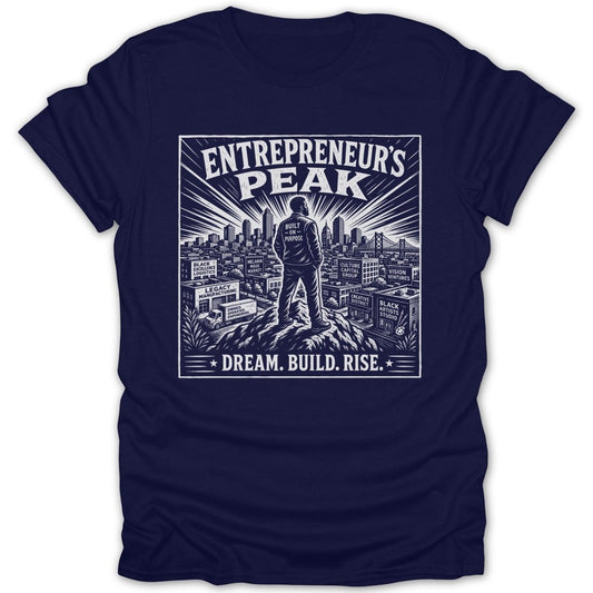 Entrepreneur's Peak graphic with man on hill overlooking city, "Dream. Build. Rise." text.