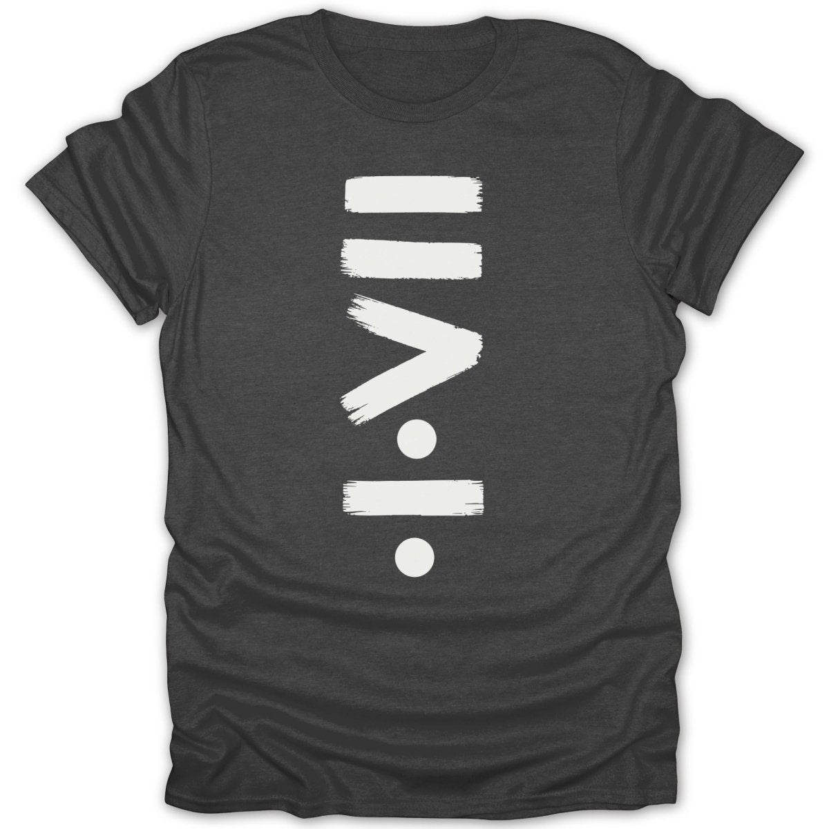 Dark gray t-shirt with white abstract art design of stripes, a V, and circles.