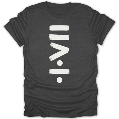 Dark gray t-shirt with white abstract art design of stripes, a V, and circles.