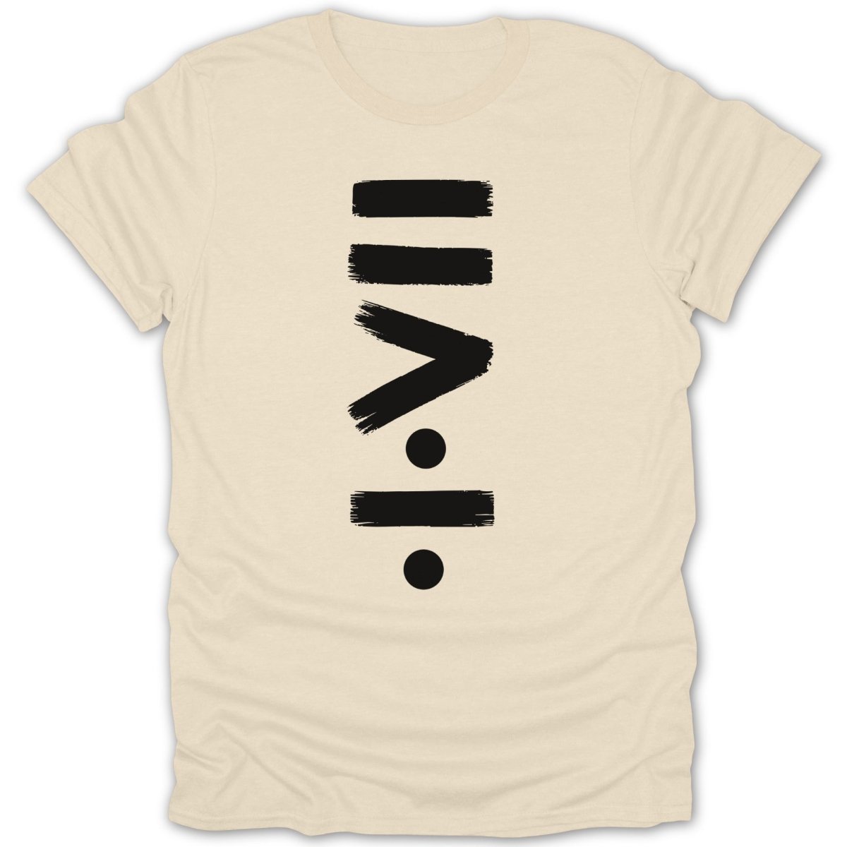 Cream t-shirt with black brushstroke equality and division symbols.