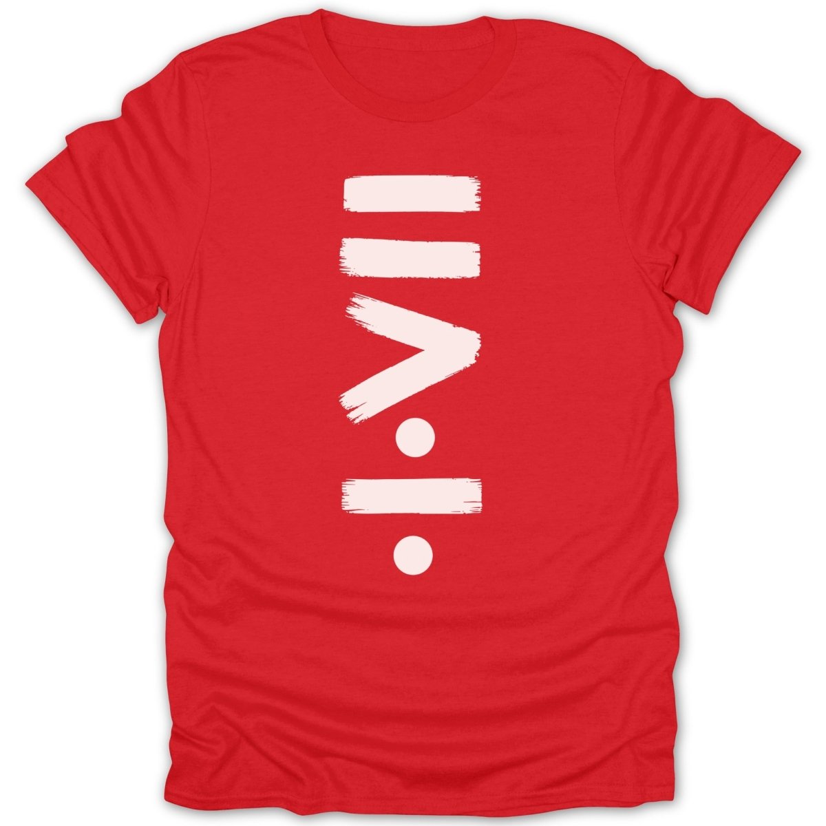 Red t-shirt with white brushstroke horizontal lines, greater than symbol, and dots.