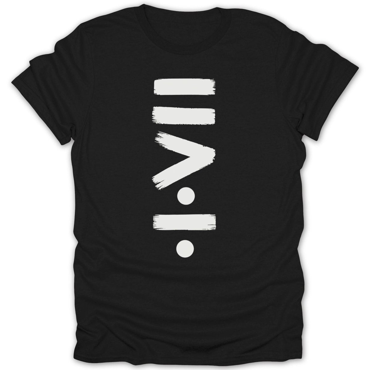 Black t-shirt with a white brushstroke symbol resembling greater than and division signs.